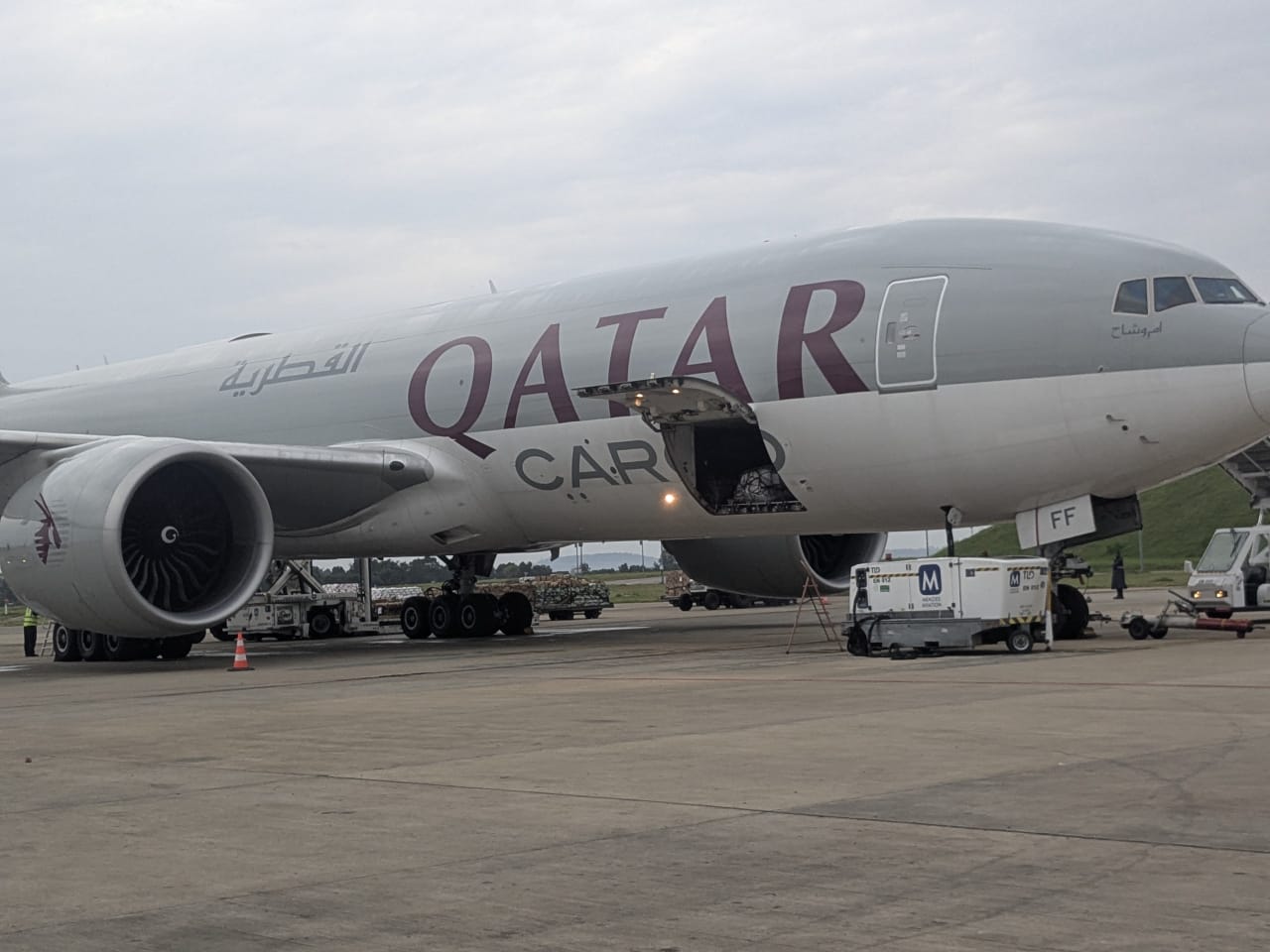 Large freighter cargo aircraft loading